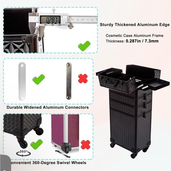 5 in 1 Professional Makeup Train Case Aluminum Cosmetic Case Rolling Makeup Case - Picture 7 of 9